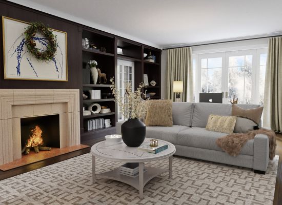 Nanaimo Gas fitting grey and brown living room with fireplace