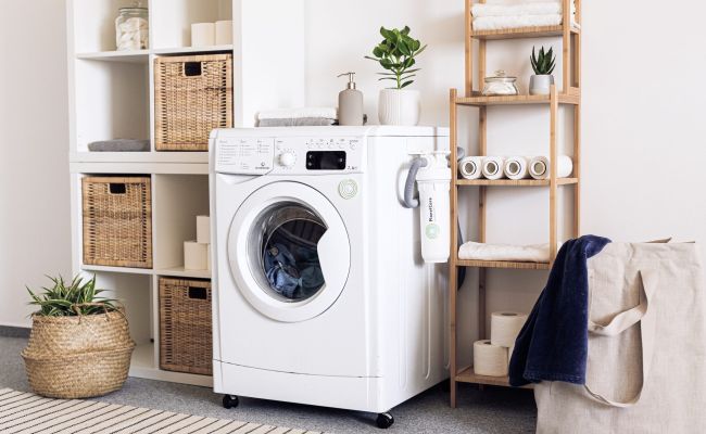 laundry room photo with shelving Nanaimo plumbing